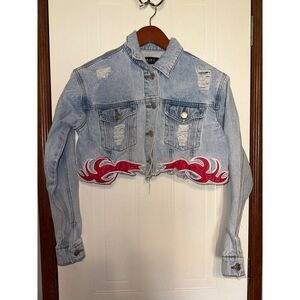 AKIRA Rare Distressed Cropped Denim Jean Jacket With Faux Leather Flames  Size S